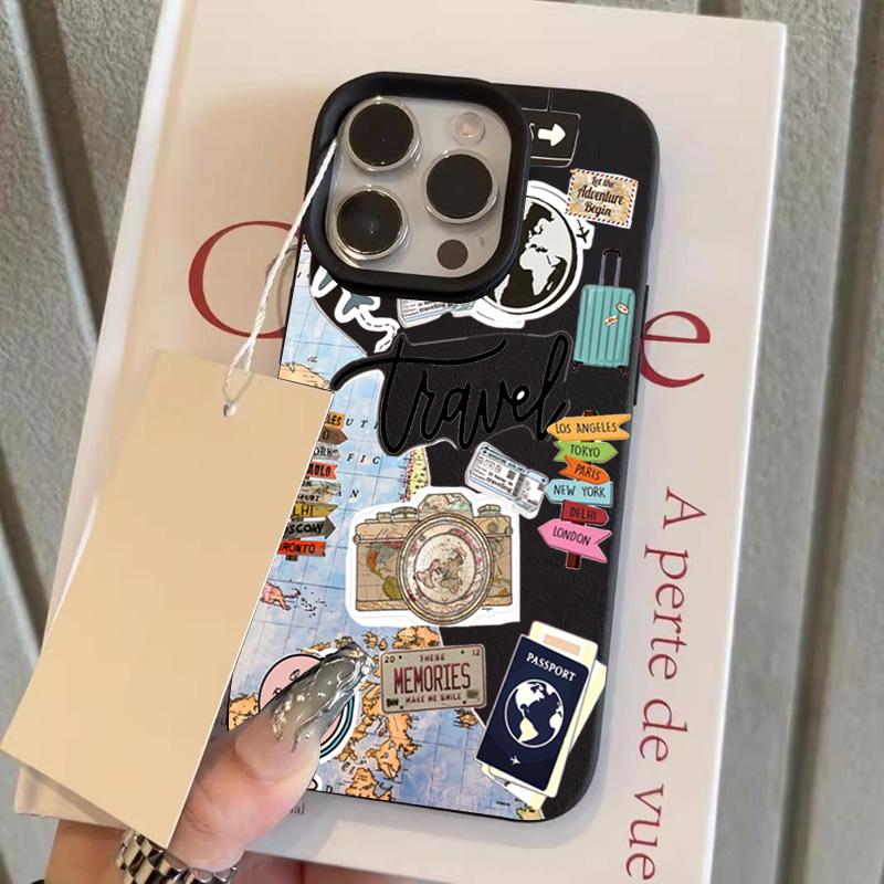 Travel Element Collage Design Lychee Texture Phone Case For iPhone 17 Air 16 e 15 14 13 12 11 Pro Max Plus SE Soft Cover
