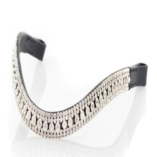 5 Row White Crystal Browband Patent Dressage Leather Bridle with Black Softy Padding.