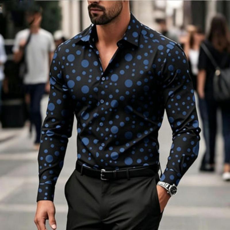 Men's Shirt with Polka Dot Print Long Sleeved Shirt, Outdoor Casual Style, Slim Fit Collar Shirt, Men's Casual Formal Top