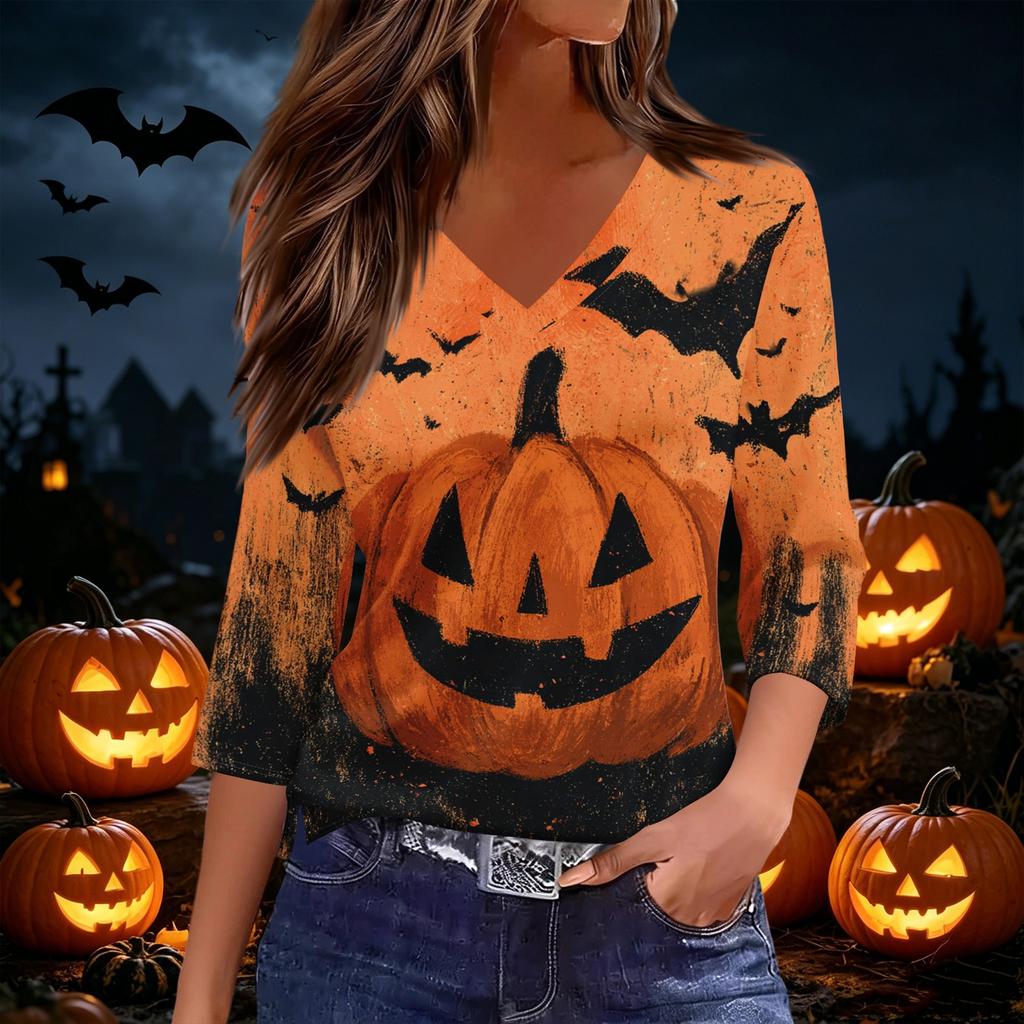 Women's Casual V-Neck 3/4 Sleeve Top with Halloween Print for Holiday Party and Daily Wear
