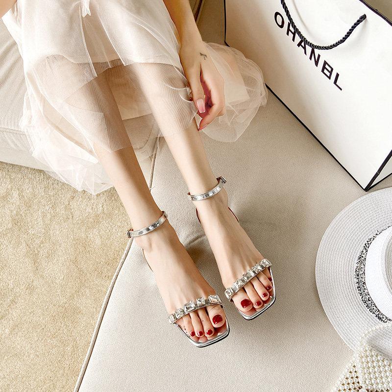 Fairy wind word with middle heel sandals female 2025 summer new Roman rhinestone high heels thick heel versatile women's shoes