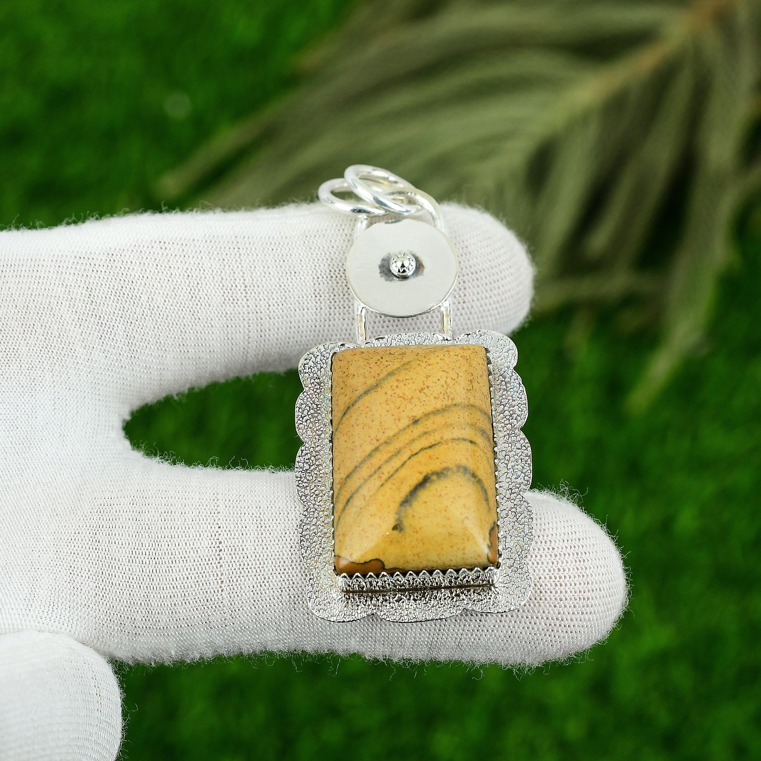 Mothers day Deal 925 Silver Rectangle Picture Jasper Gemstone Bezel Wife Pendant
