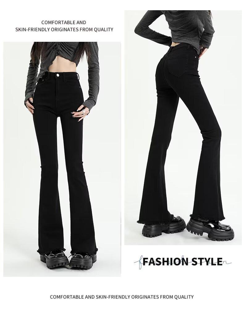 Spring/Summer Women's Black-Gray Frayed Micro-Flare High-Waisted Jeans