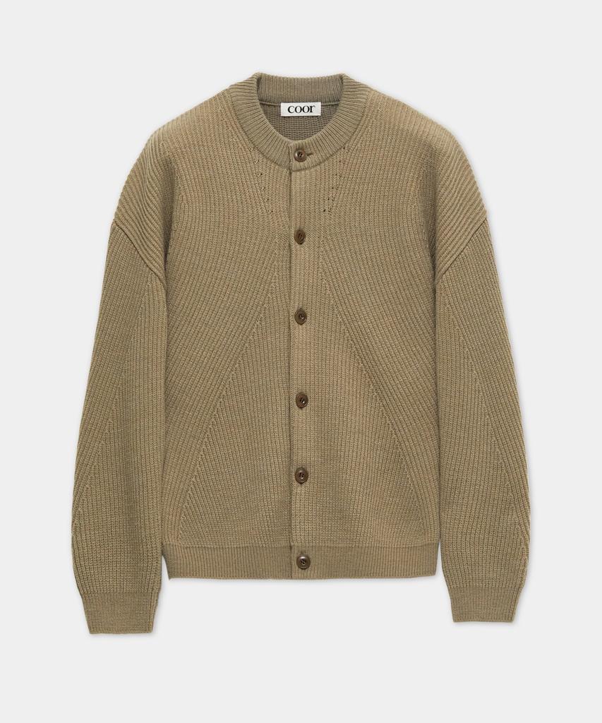 Coor Curved Rib Round Neck Cardigan (Khaki)