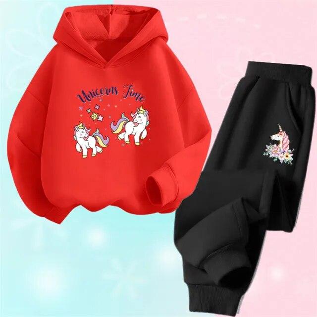 Spring Fall Girls Unicorn Sport Clothing Set Kids Outfits Hoody Sweatershirt Pants Children Fashion Thin Tracksuit