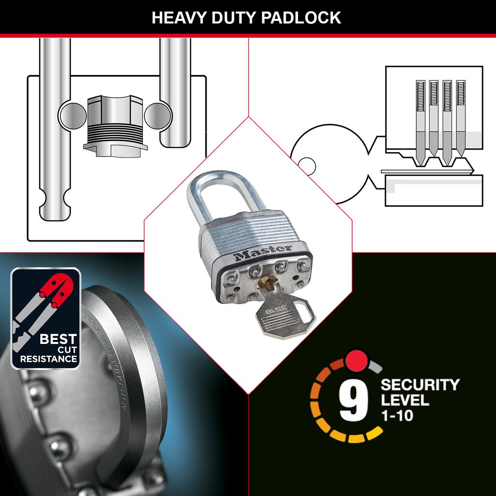 Master Lock 3 Heavy Duty Laminated Steel Padlock, Medium Shackle Key