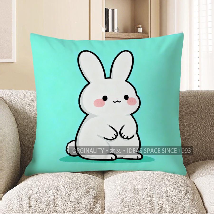 2D Cute White Bunny On Turquoise Pillow Cover Pattern Cushion Cover Suitable For Sofa Bedroom Car Pillow Cover