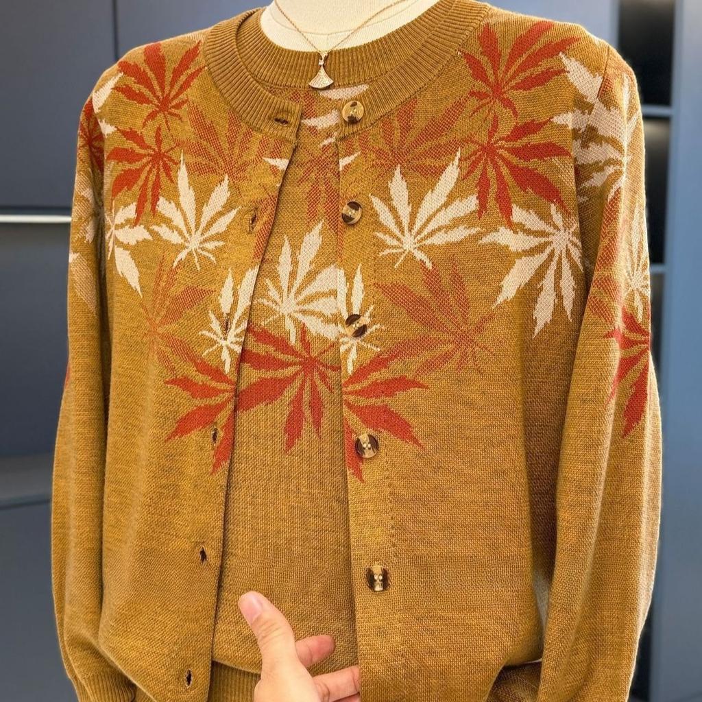 2PCS Thin Knitted Tops Women Printed Cardigan Short Sleeve Knitted T-Shirt Two-piece Round Neck Knitted Cardigan Jacket T-Shirt