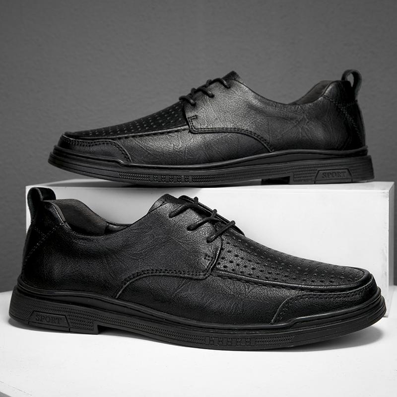 Fashion Summer Perforated Men's Adult Leather Shoes White Genuine Leather Lace-up Oxford Shoes Brand Casual Low Heel Men's Wedding Shoes