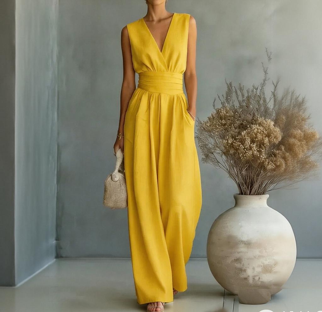 Women's Wide-leg Elegant Waist-cinching V-neck Jumpsuit