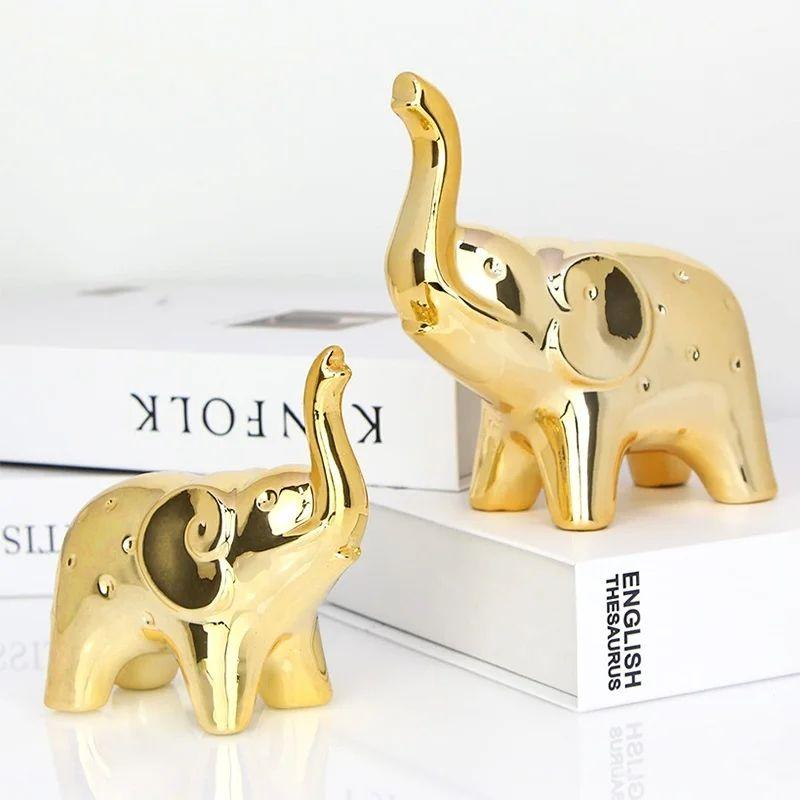 A Pair Elephant Statue Ceramic Animal Sculpture Craft Home Office Desktop Decor Wealth Lucky Statue Christmas Mother's Day Gift