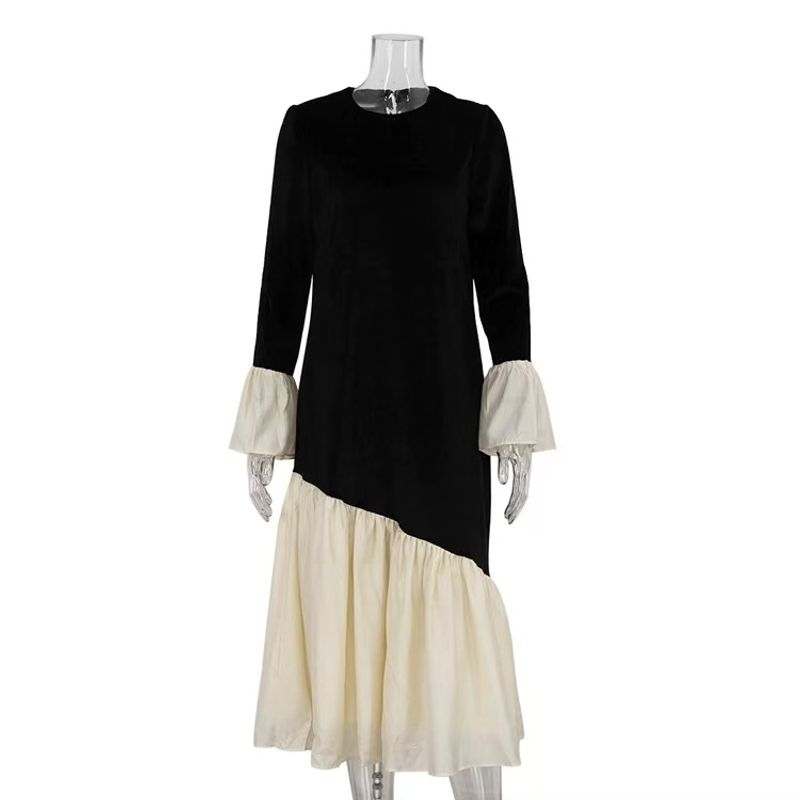 

French style Style Korean Velvet Patchwork round Neck Bell Sleeve Dress Splicing Flared Sleeve Dress Black S