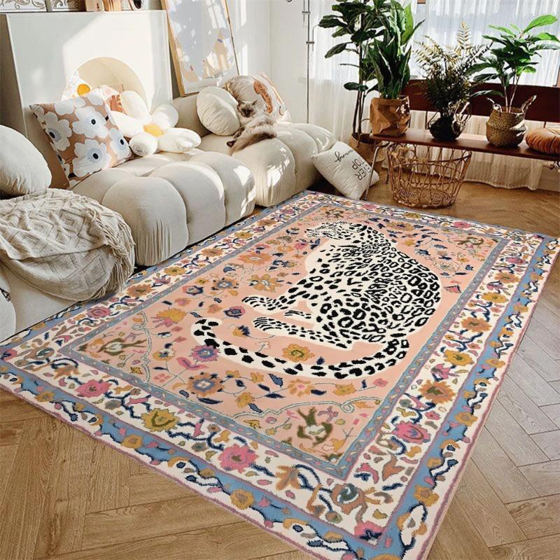 Modern Leopard Print Mix Carpet with Bohemian Style Border Colorful Floral Design Non-Slip Large Area Rug for Cozy Home Interior
