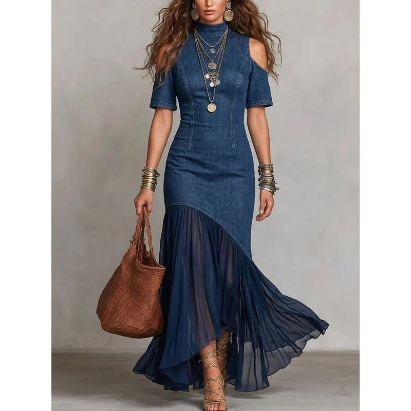 IHUASU Fashion Summer Spring Solid Color Print Short Sleeve Casual Dresses Unique design S темно-синий