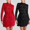 Mini Abito da Donna a Collo Alto Manica Lunga Slim Vita Media Pizzo Floreale da Festa Bodycon Abito Estivo