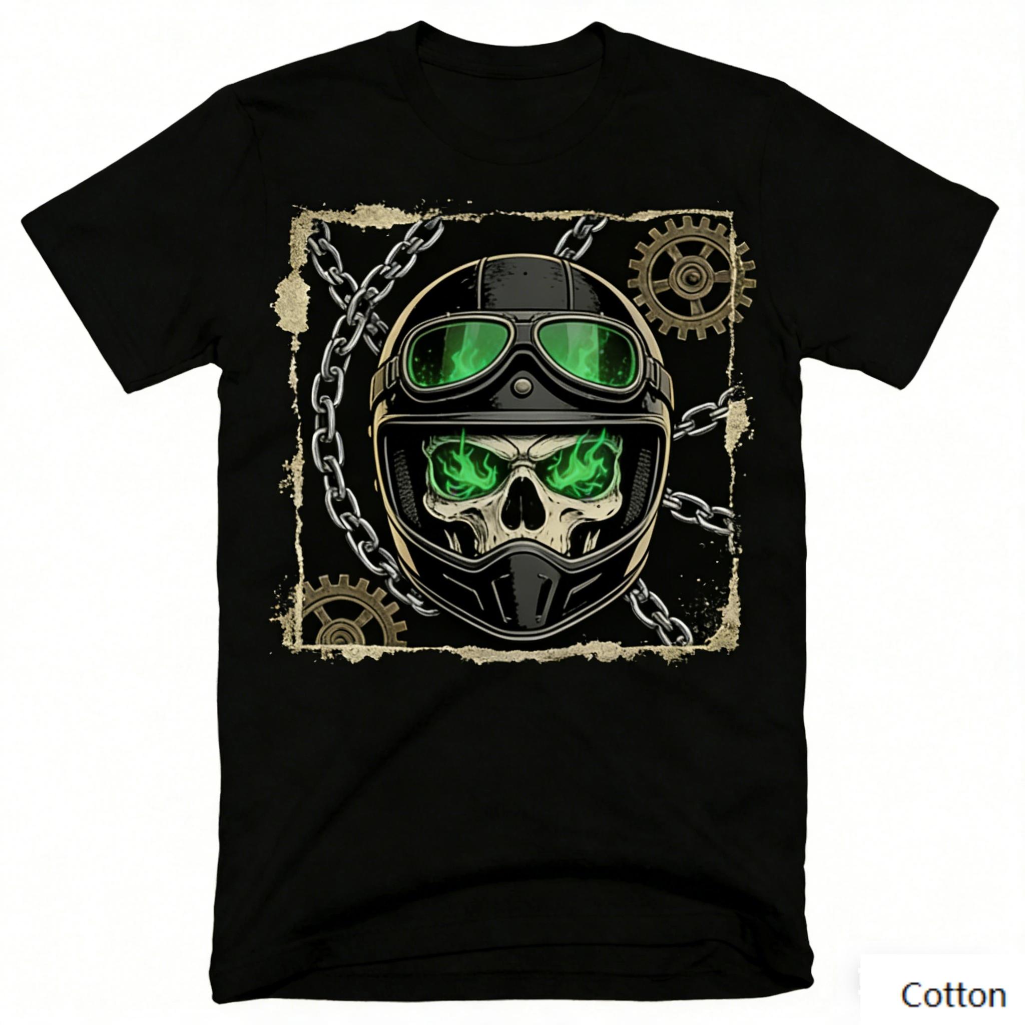 Vintage Steampunk Biker Skull Graphic T Shirt, Cotton Crew Neck Short Sleeve Tee, Gear Chain Print Unisex Top S