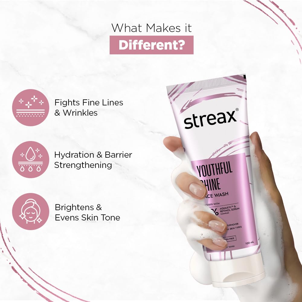 Streax Youthful Shine Anti Ageing Face Wash Cleanser 100ml Pack of 1 for Fine Lines Wrinkles Skin Care