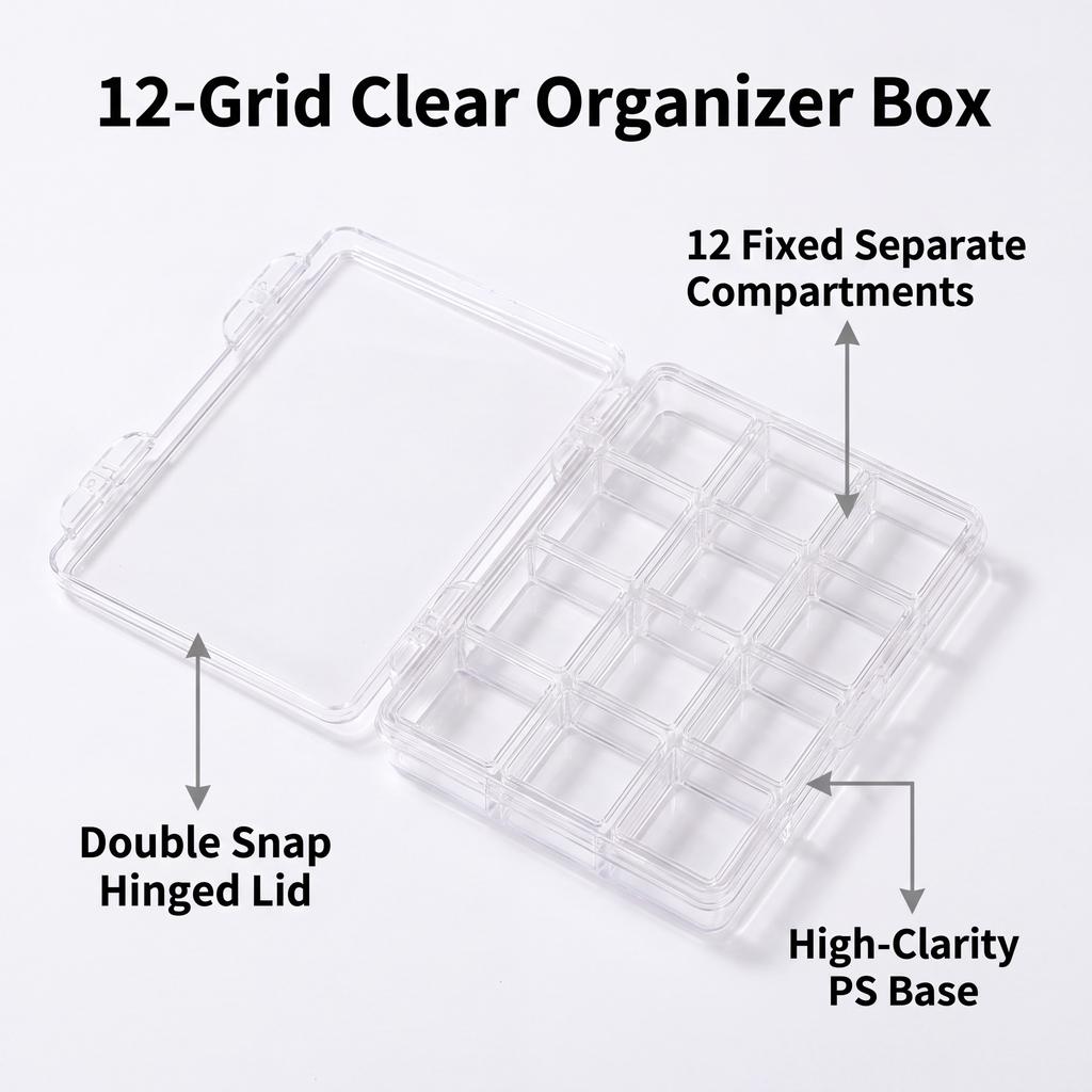 New 12-Grid Clear PS Plastic Bead Organizer Box with Compartments for Nail Art Jewelry Storage Craft Small Parts Container