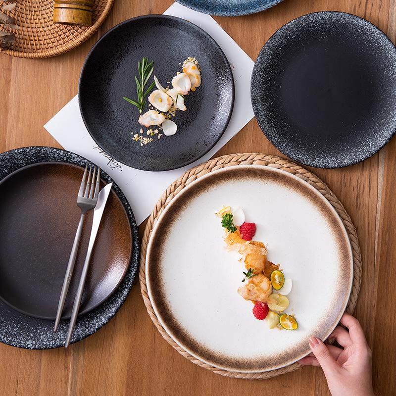Japanese-Style Ceramic Round Flat Plate - Ideal for Steak, Pasta, or Dinnerware.