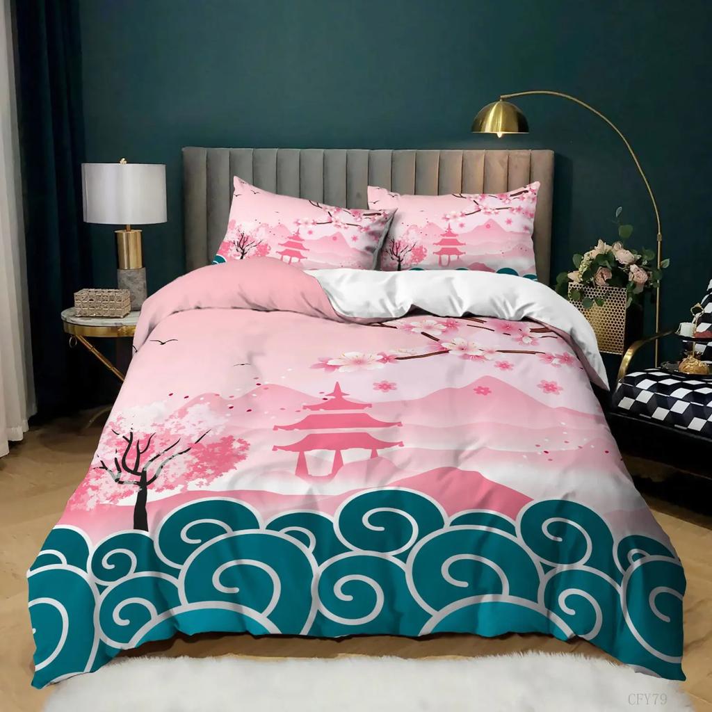 Japanese Duvet Cover King Microfiber Sea Wave Cherry Blossoms Japan Culture Oriental Art Twin Bedding Set