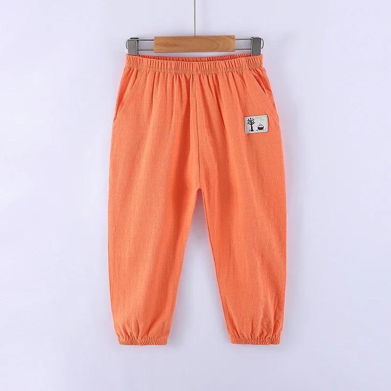 Children Trousers for Boys Girls Cotton Linen Elastic Waist Solid Color Summer Mosquito Pants Kids Clothing Long Pants