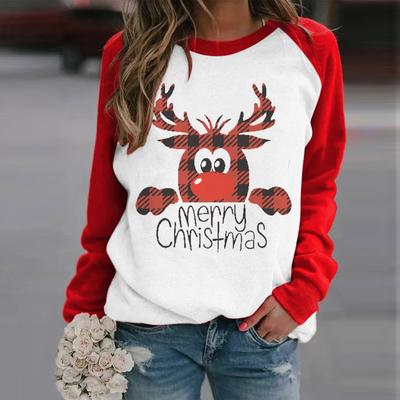 Christmas Patchwork Long Sleeve Women's Sweatshirt Elk Letter Print Pullovers Sweater Spring Fall Cartoon Graphic T-Shirts