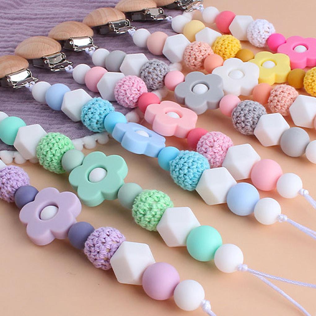 2021 New Portable Baby Chain Wood Silicone Chain Anti-drop Clip Teething Accessory