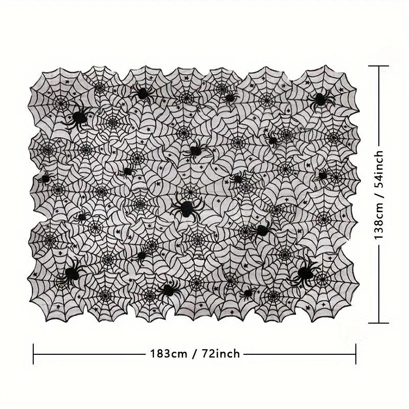 Halloween Spiderweb Tablecloth Black Lace Cobweb Decor with Spiders Ideal for Fireplace Mantle Kitchen & Party Table Decorations