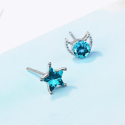 925 Sterling Silber süße kleine frische blaue Stern Mond asymmetrische Ohrstecker Schmuck für Frauen