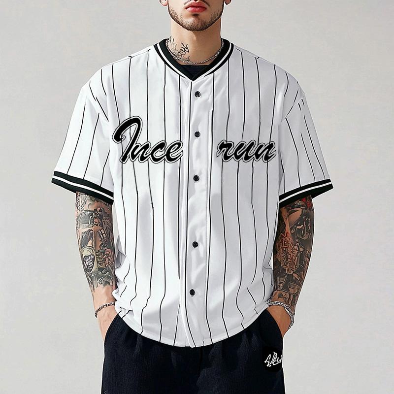 INCERUN Men Collarless Striped Short Sleeve Buttons T-shirts Stitching Summer Tops