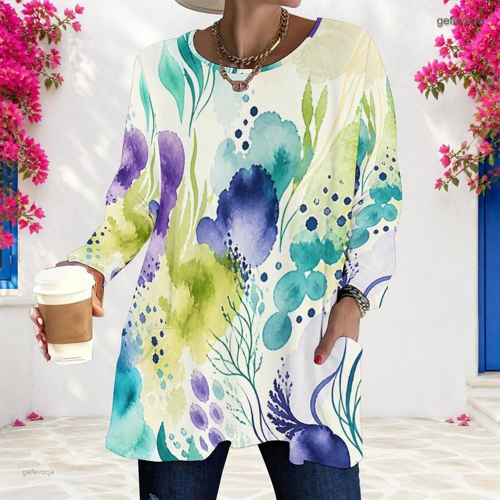 Women Plus Size Beige Brown Yellow Tie Dye Printed Round Neck Long Sleeve Loose T Shirt With Pockets
