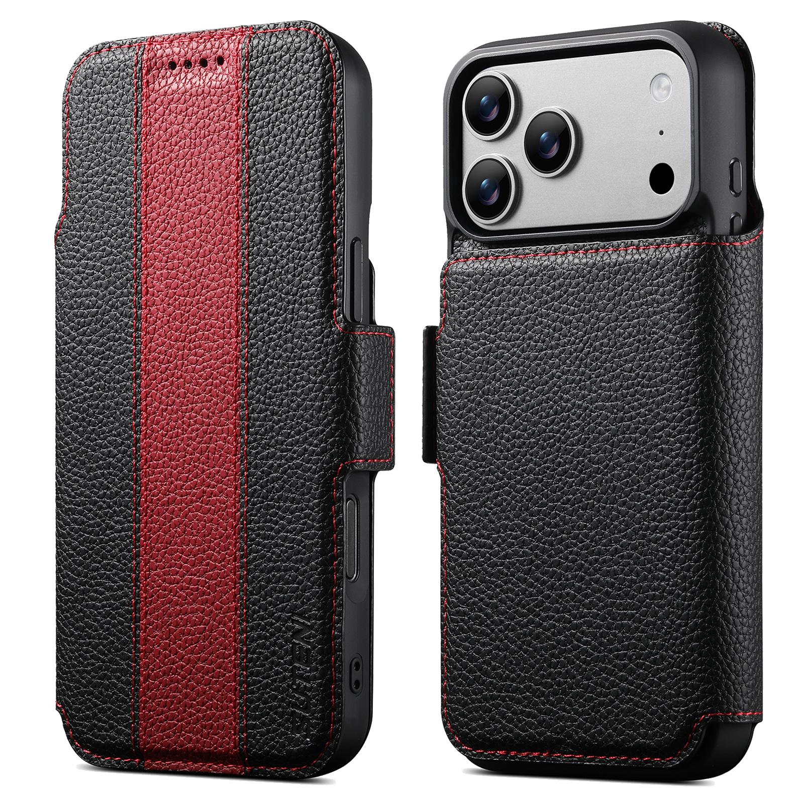 

SUTENI Q-08 for iPhone 17 Pro Magnetic Case Litchi Texture Wallet Stand Splicing Color Leather Detachable Phone Cover