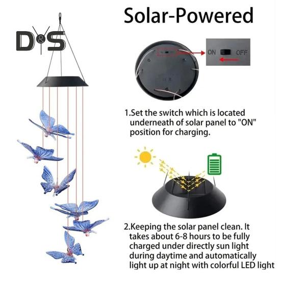 Dzwonki wietrzne w kształcie kolibra, motyl, wiszący wisiorek, wodoodporny, zasilany energią słoneczną, automatycznie oświetlony, dzwonki wietrzne, dekoracja zewnętrzna
