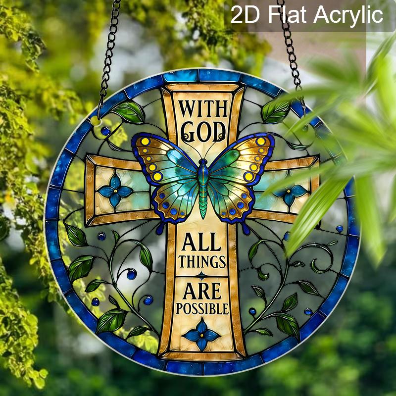 Acrylic Cross Butterfly Suncatcher Stained Glass Effect Window Hanging Ornament Religious Decor for Home