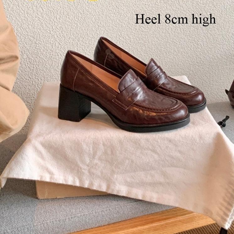 

Leather Loafers Woman Small Leather Shoes 8CM Thick Heel High Heel Single Shoes Women s Autumn New Retro Leather High Heels 34