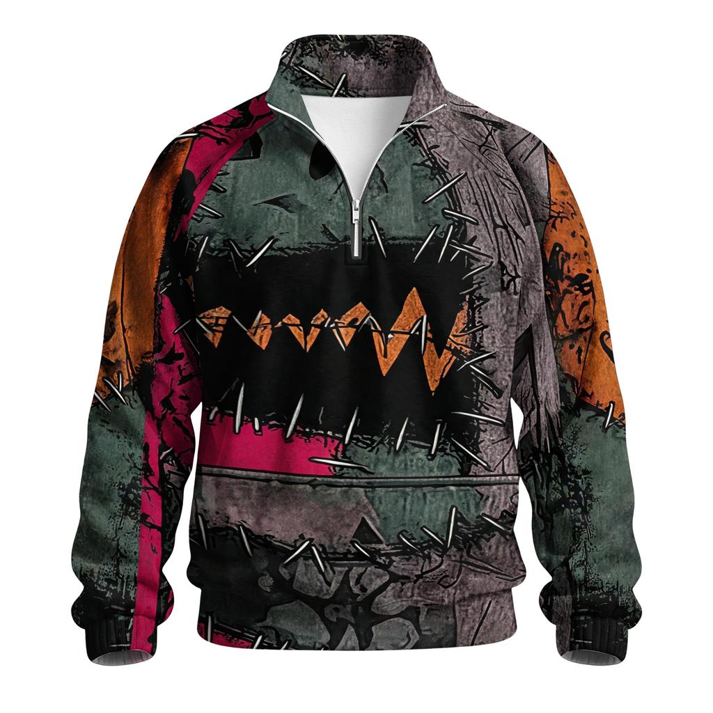 Men's Loose Fit Raglan Sleeve Sweatshirt with Stand Collar and Halloween Print for Parties and Daily Wear