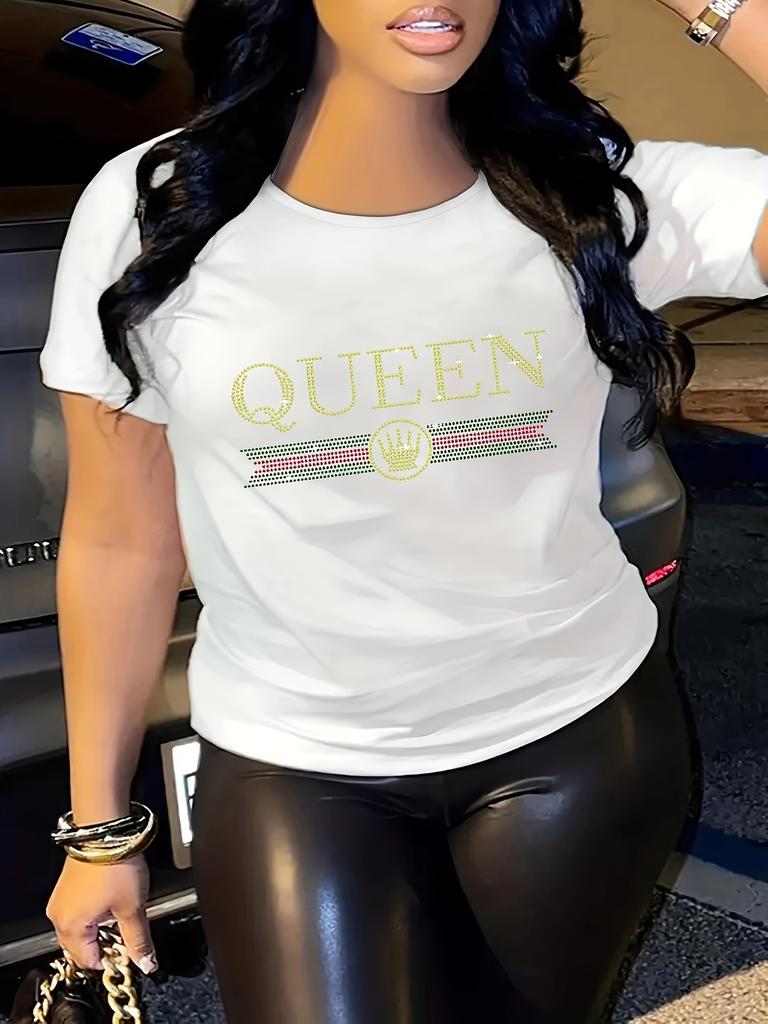 Rhinestone Queen Letter Print Comfortable And Soft Sports T-shirt, Short Sleeve Causal Running Crew Neck Top, Women's Activewear