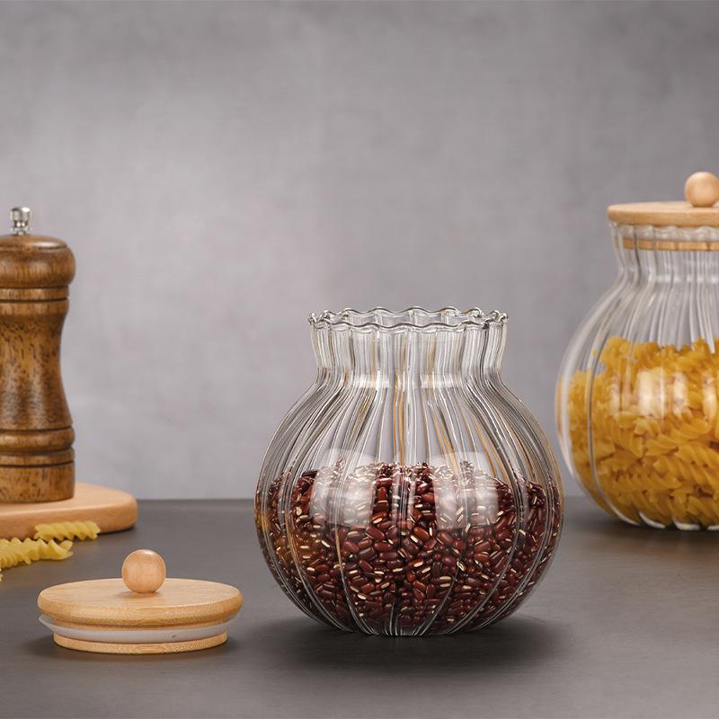 Glass Pumpkin Jar 1600 ml Kitchen Spice Clear Pumpkin Jar With Bamboo Cover Beautiful Striped Lace Sealed Bottle