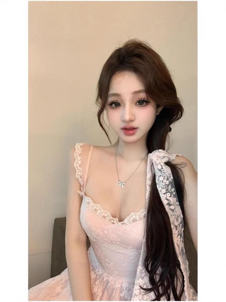 Summer Pink Lace Slim Waist Dress with Square Neck
