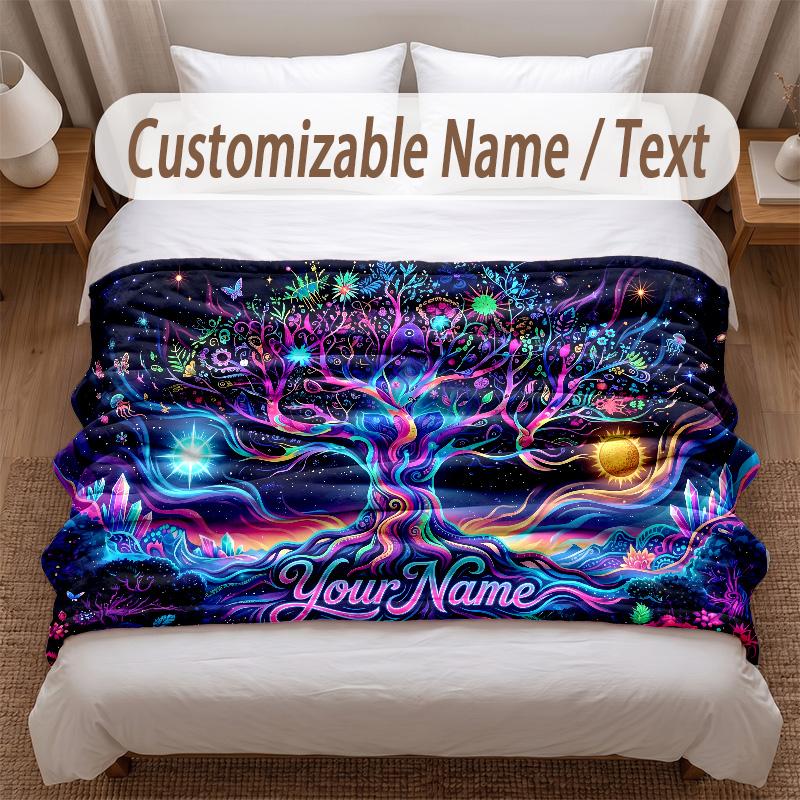 Tree of Life Theme Soft Blanket Personalized Custom Name Text Print Warm Blanket Home Sofa Bedroom Decor