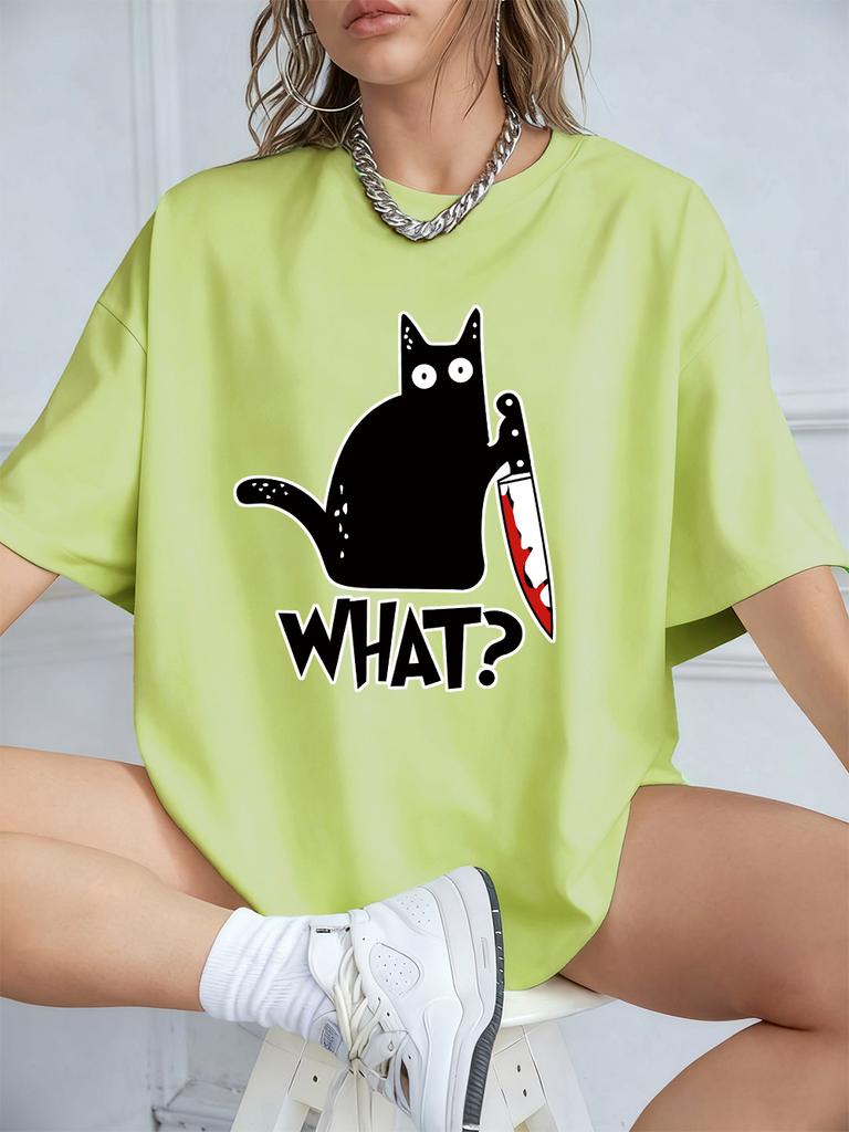 Schwarze Katze mit Messer Aufdrucken Kurzarm T-Shirts Damen Sommer Baumwolle T-Shirts Locker O-Ausschnitt Weiche Oberteile Streetwear