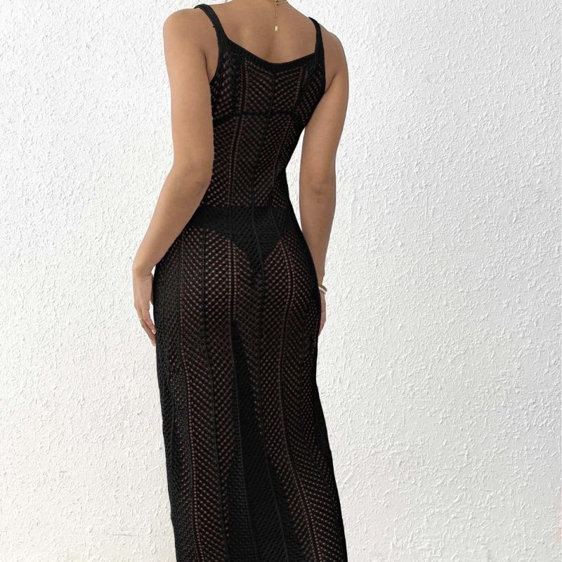 Abito da spiaggia da donna intrecciato a mano all'uncinetto con giunzione floreale, cavo, sexy, slim, da vacanza, con spalline