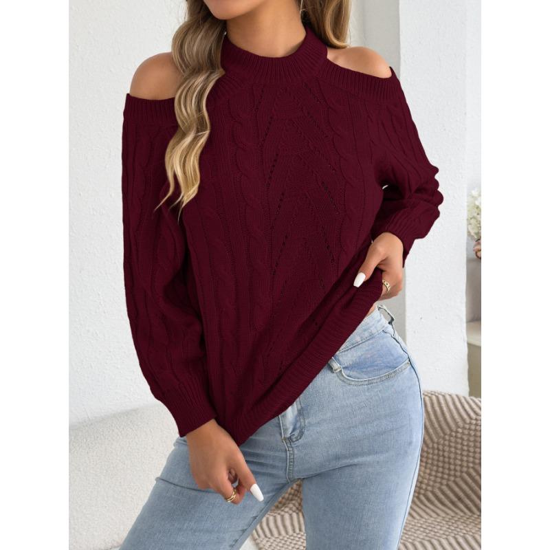 Womens Casual Solid Off Shoulder Long Sleeve Pullover Sweater