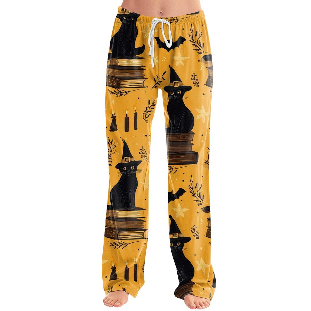 Women's Drawstring Lounge Pants Halloween Print Casual Pants Elastic Waistband Relaxed Fit Full Length Soft Fabric