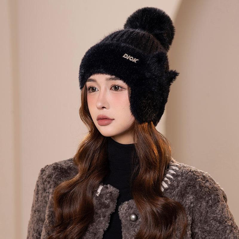 Fleece warm knitted ear protection hat women's winter cold-proof pullover wool hat outdoor cycling sports plush hat