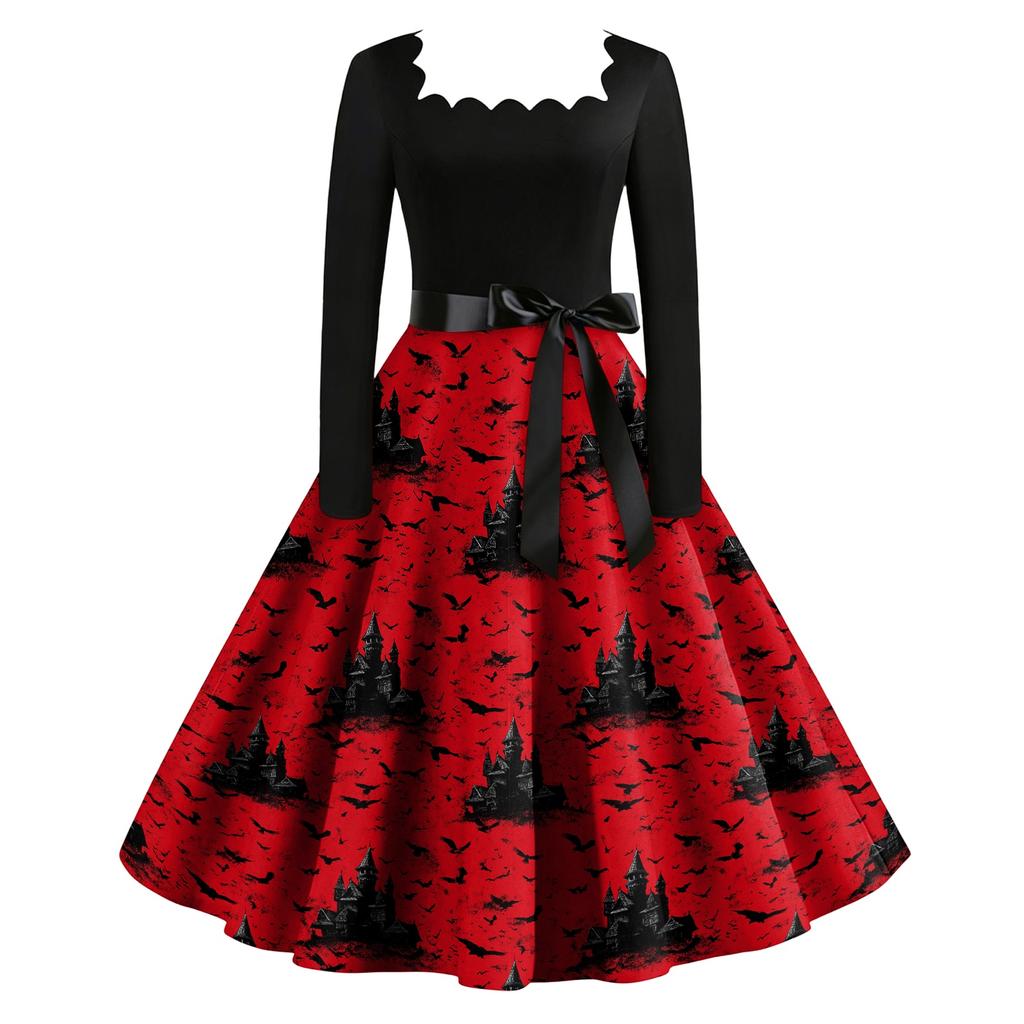 Women's Vintage Long Sleeve Square Neck Halloween Print Party Dress Midi Length Fit and Flare Style with Waist Tie Belt