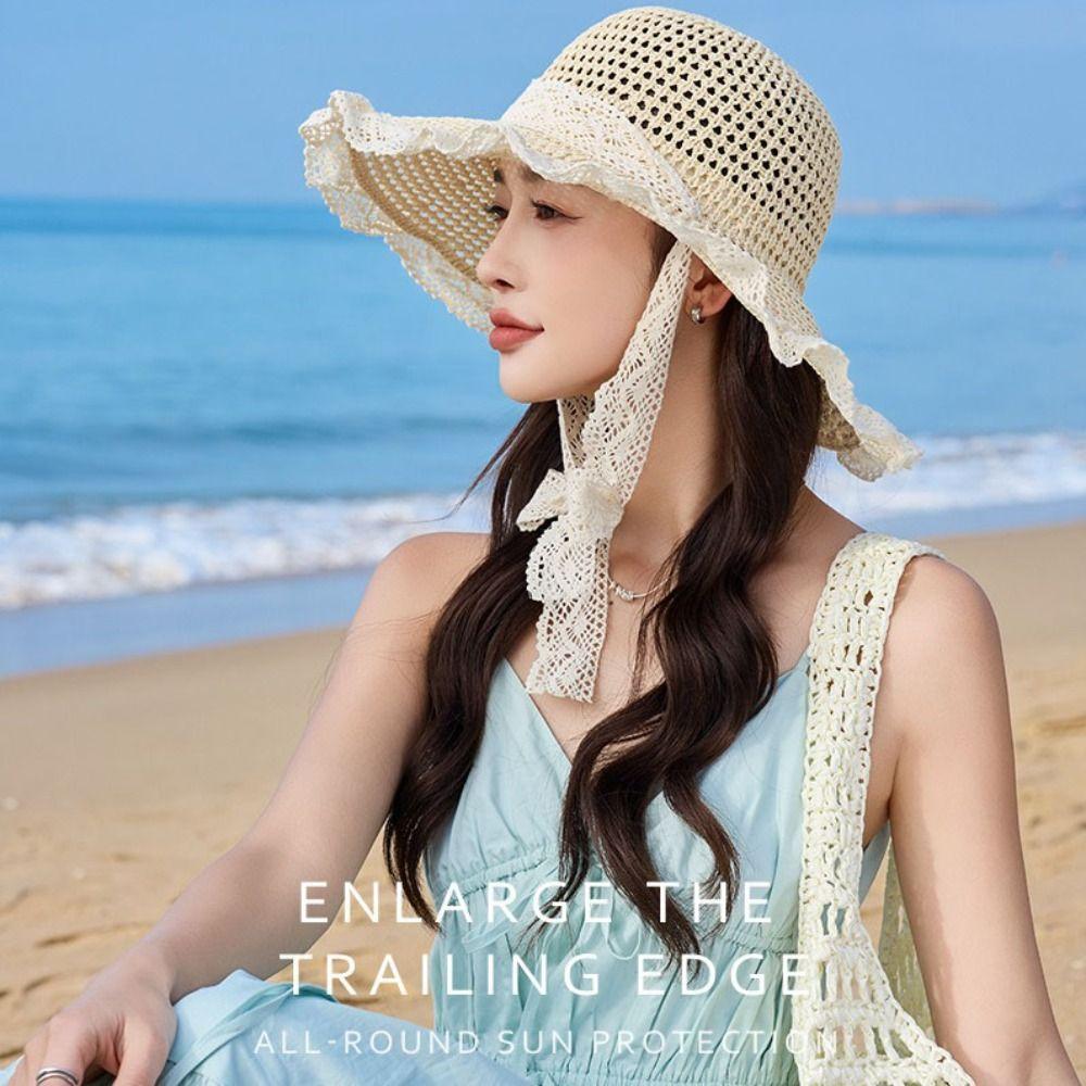Breathable Lace Tied Sun Hat Sunshade UV Protection Cap Sweet Women Straw Hat  Travel