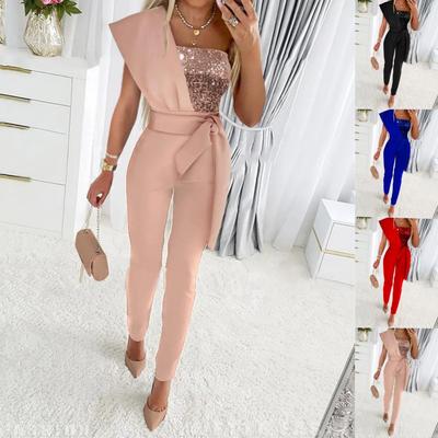Women's Sleeveless One-shoulder Sequin Strapped Jumpsuit