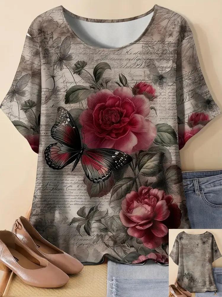 Summer women's printed pattern T-shirt casual short sleeved top fashionable women's round neck T-shirt
