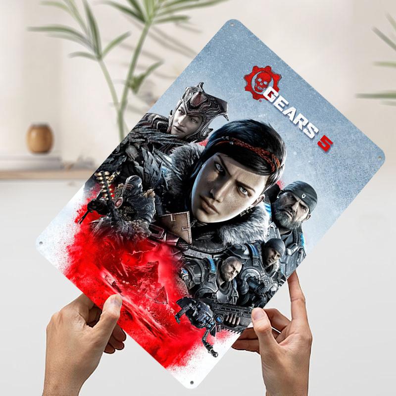 Gears 5 Game Cover Art Poster Customized Wall Art Vintage Metal Signs Retro Tin Plaque for Man Cave Garage Decorations Wand Deko